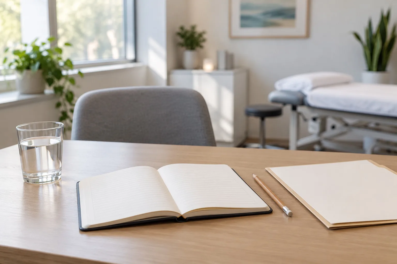 Leeres Notizbuch und Dokumentenmappe zur Vorbereitung eines schmerztherapeutischen Gesprächs